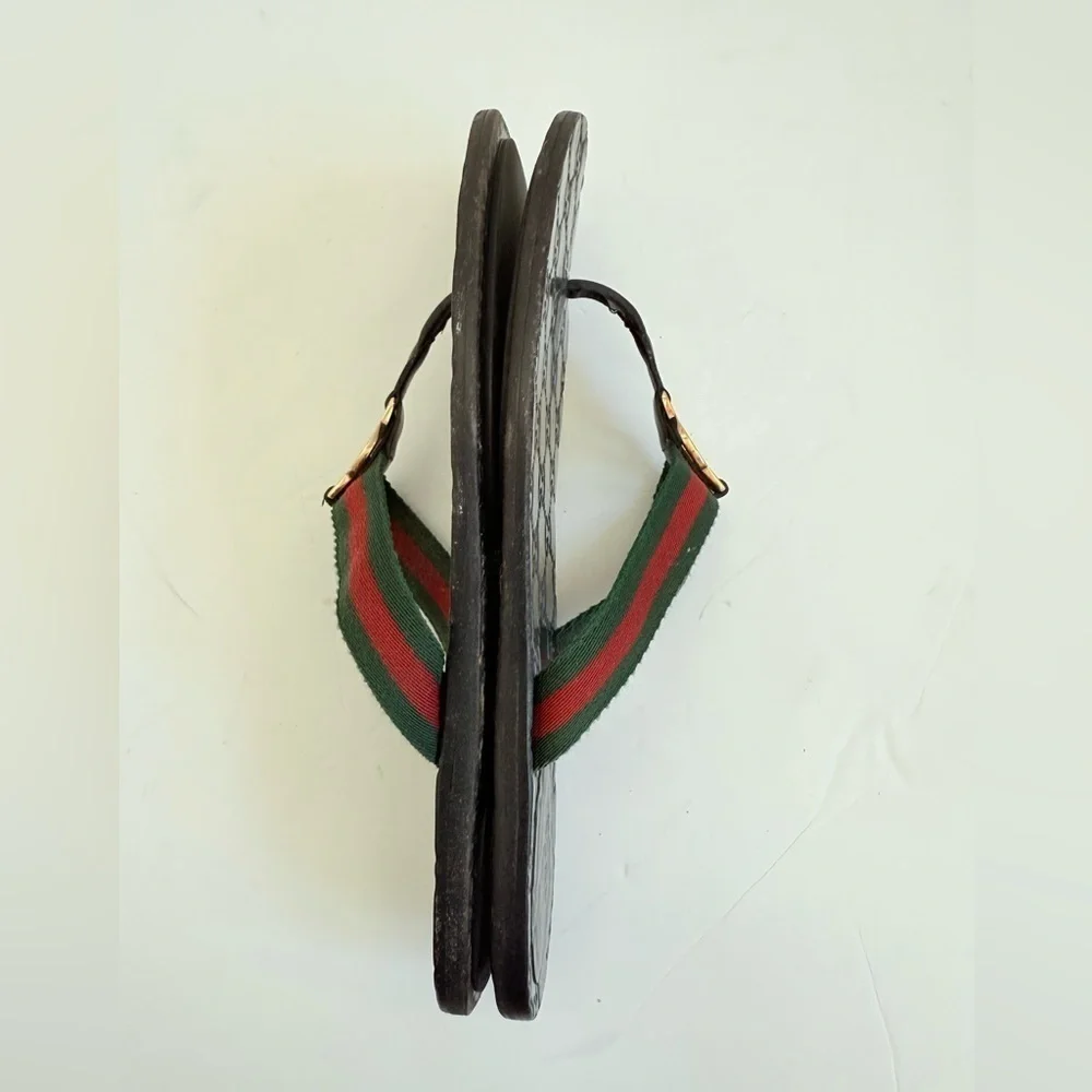 Gucci Black Red Green Leather Fabric GG web Thong flat sandals EU 39.5